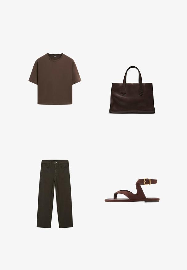 Brun bomulds t-shirt, korte ærmer, rund halsudskæring, afslappet pasform, glat tekstur, minimalistisk design, ingen synlige mønstre eller accenter.; Mørkegrønne brede jeans lavet af en bomuldsblanding, med en frontlukning med knap, fem lommer og klassisk denim-syning.; Brune ruskindsandaler med slip-on design, ankelrem med spænde og flad sål. Åben tå med en glat tekstur.; Brun læder tote bag med to forlængede håndtag, struktureret rektangulær form, glat overflade og subtile syninger.