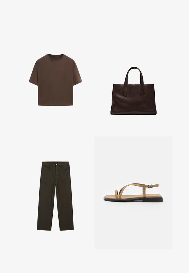 Brown cotton t-shirt, short sleeves, crew neckline, relaxed fit, smooth texture, minimalistic design, no visible patterns or accents.; Dark green wide-leg jeans made of cotton blend, featuring a front button closure, five pockets, and classic denim stitching.; Tan flat sandal with two thin straps crossing over the foot and a buckle ankle strap. Features a smooth leather-like upper and a black sole.; Brown leather tote bag with two elongated handles, structured rectangular shape, smooth texture, and subtle stitching details.