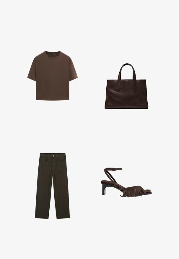 Bruine katoenen t-shirt, korte mouwen, ronde hals, relaxte pasvorm, gladde textuur, minimalistisch ontwerp, geen zichtbare patronen of accenten.; Donkergroene wijde jeans van een katoenmix, met een sluiting met een voorste knop, vijf zakken en klassieke denimstiksels.; Bruine suede sandaal met franjes, enkelbandje en een lage vierkante hak. Heeft een slank, minimalistisch ontwerp met subtiele textuur.; Bruine leren tote bag met twee verlengde handvatten, gestructureerde rechthoekige vorm, gladde textuur en subtiele stiksels.