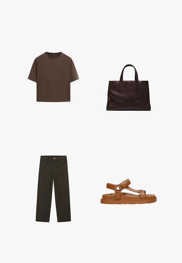 T-shirt in cotone marrone, maniche corte, collo a giro, vestibilità abbastanza ampia, texture liscia, design minimalista, senza motivi o dettagli visibili.; Jeans a gamba larga di colore verde scuro, realizzati in tessuto misto cotone, dotati di chiusura con bottone frontale, cinque tasche e cuciture classiche in denim.; Sandali in pelle sintetica marrone con cinturino regolabile, suola piatta e soletta testurizzata. Presentano un emblemma logo discreto sul cinturino.; Borsa a spalla in pelle marrone con due manici lunghi, forma rettangolare strutturata, texture liscia e dettagli di cucitura sottili.