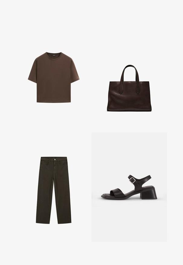 Hnědé bavlněné tričko, krátké rukávy, kulatý výstřih, volný střih, hladká textura, minimalistický design, žádné viditelné vzory ani akcenty.; Tmavě zelené široké džínsy vyrobené z bavlněné směsi, s předním zapínáním na knoflík, pěti kapsami a klasickým denimovým stehem.; Černé kožené sandály s otevřenou špičkou, širokým páskem přes nohu a páskem kolem kotníku, který má stříbrnou sponu. Design na blokovém podpatku.; Hnědá kožená taška přes rameno s dvěma dlouhými uchy, strukturální obdélníkový tvar, hladká textura a jemné švy.