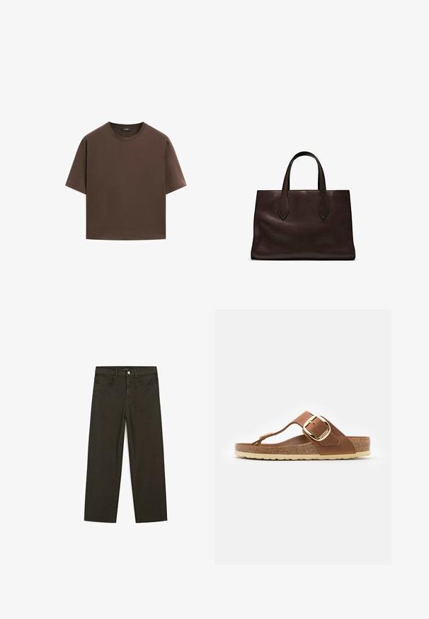 Brown cotton t-shirt, short sleeves, crew neckline, relaxed fit, smooth texture, minimalistic design, no visible patterns or accents.; Dark green wide-leg jeans made of cotton blend, featuring a front button closure, five pockets, and classic denim stitching.; Brown leather thong sandal with a gold buckle and cork footbed; features a textured beige sole and minimalistic design.; Brown leather tote bag with two elongated handles, structured rectangular shape, smooth texture, and subtle stitching details.