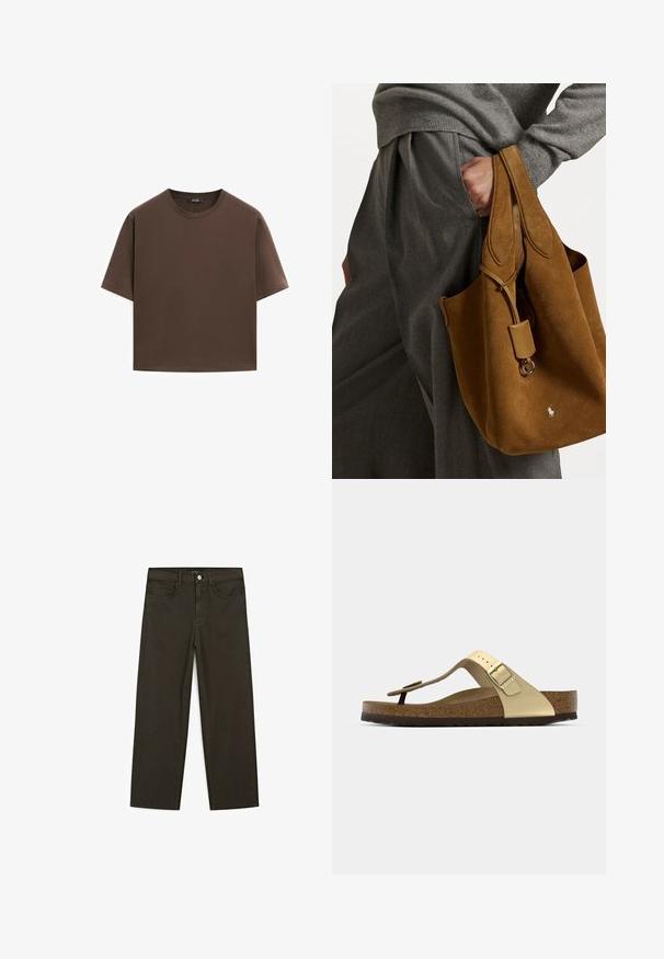 Brun bomulds t-shirt, korte ærmer, rund halsudskæring, afslappet pasform, glat tekstur, minimalistisk design, ingen synlige mønstre eller accenter.; Mørkegrønne brede jeans lavet af en bomuldsblanding, med en frontlukning med knap, fem lommer og klassisk denim-syning.; Kork sål sandal i lys guld med en thong-design og justerbar spænde. Har en tekstureret ydersål for godt greb. Neutral farveskema.; Brun ruskind totebag med rund form, dobbelte håndtag og metalhardware detaljer. Har et lille logo foran.