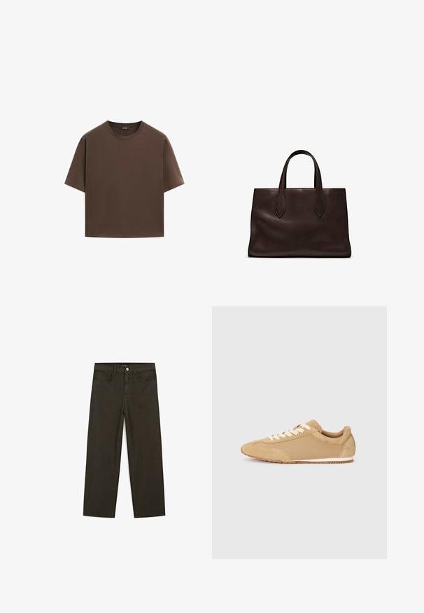 Brązowa bawełniana koszulka, krótki rękaw, okrągły dekolt, luźny fason, gładka tkanina, minimalistyczny design, bez widocznych wzorów czy akcentów.; Ciemnozielone spodnie dżinsowe typu wide-leg wykonane z mieszanki bawełny, z zamkiem na guzik z przodu, pięcioma kieszeniami i klasycznym przeszyciem dżinsowym.; Jasnobrązowy sneaker wykonany z zamszu i tkaniny, z okrągłym noskiem, białymi sznurówkami i gumową podeszwą o teksturowanym wykończeniu.; Brązowa skórzana torba tote z dwoma wydłużonymi uchwytami, usztywnionym prostokątnym kształtem, gładką teksturą i subtelnymi detalami przeszycia.; Jasne i bursztynowe pierścionki z żywicy, jeden gładki i przezroczysty, drugi z teksturowanym, bursztynowym wykończeniem. Oba mają zaokrąglone, masywne kształty.