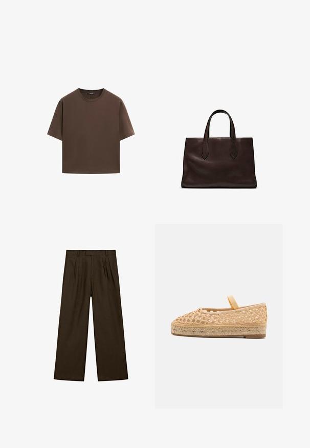 Bruine katoenen t-shirt, korte mouwen, ronde hals, relaxte pasvorm, gladde textuur, minimalistisch ontwerp, geen zichtbare patronen of accenten.; Bruine linnen broeken met een relaxte pasvorm, voorzien van voorplooien, een platte tailleband en brede, rechte pijpen voor een moderne silhouet.; Loeffler Randall KAYLA - Espadrilles - natural; Bruine leren tote bag met twee verlengde handvatten, gestructureerde rechthoekige vorm, gladde textuur en subtiele stiksels.