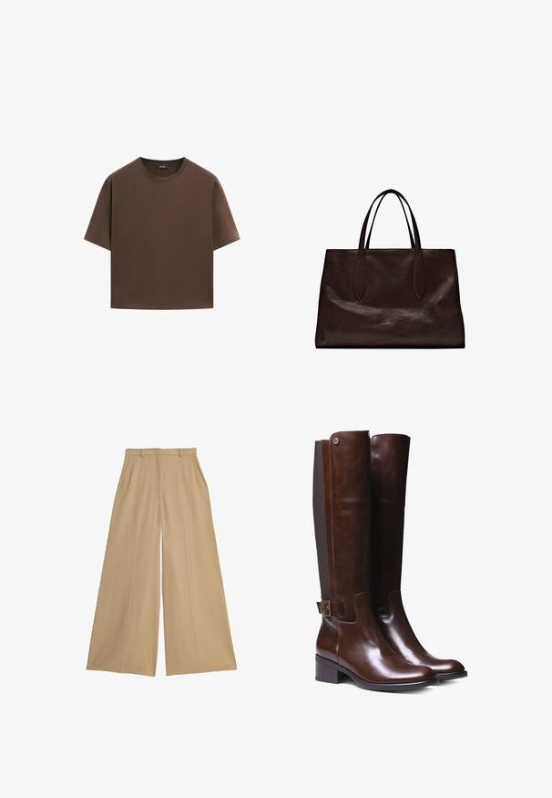 T-shirt in cotone marrone, maniche corte, collo a giro, vestibilità abbastanza ampia, texture liscia, design minimalista, senza motivi o dettagli visibili.; Pantaloni a gamba larga beige realizzati in un tessuto leggero, dotati di due tasche laterali, un davanti piatto e una texture liscia.; Stivali alti al ginocchio in pelle marrone con finitura liscia, pannello in tessuto a contrasto, dettaglio con fibbia alla caviglia e tacco basso a blocco.; Massimo Dutti Borsa a mano - brown