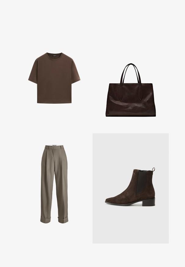Bruine katoenen t-shirt, korte mouwen, ronde hals, relaxte pasvorm, gladde textuur, minimalistisch ontwerp, geen zichtbare patronen of accenten.; Taupe high-waisted broek met een wijd model, voorzien van plooien, omgeslagen zomen en een gladde stoftextuur. Geen zichtbare sluitingen.; Bruine suède enkelboot met een spitse neus, elastische zijkanten en een lage blokhak. Voorzien van een lus voor eenvoudig aan- en uittrekken.; Massimo Dutti Handtas - brown