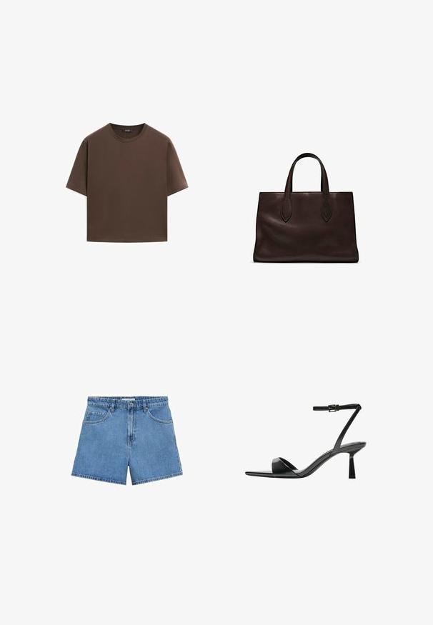 Bruine katoenen t-shirt, korte mouwen, ronde hals, relaxte pasvorm, gladde textuur, minimalistisch ontwerp, geen zichtbare patronen of accenten.; Lichtblauwe denim shorts met een hoge taille, vijf zakken en een knoopsluiting. Rechte snit met een schone zoom.; Bershka Sandalen met hoge hak - black; Bruine leren tote bag met twee verlengde handvatten, gestructureerde rechthoekige vorm, gladde textuur en subtiele stiksels.
