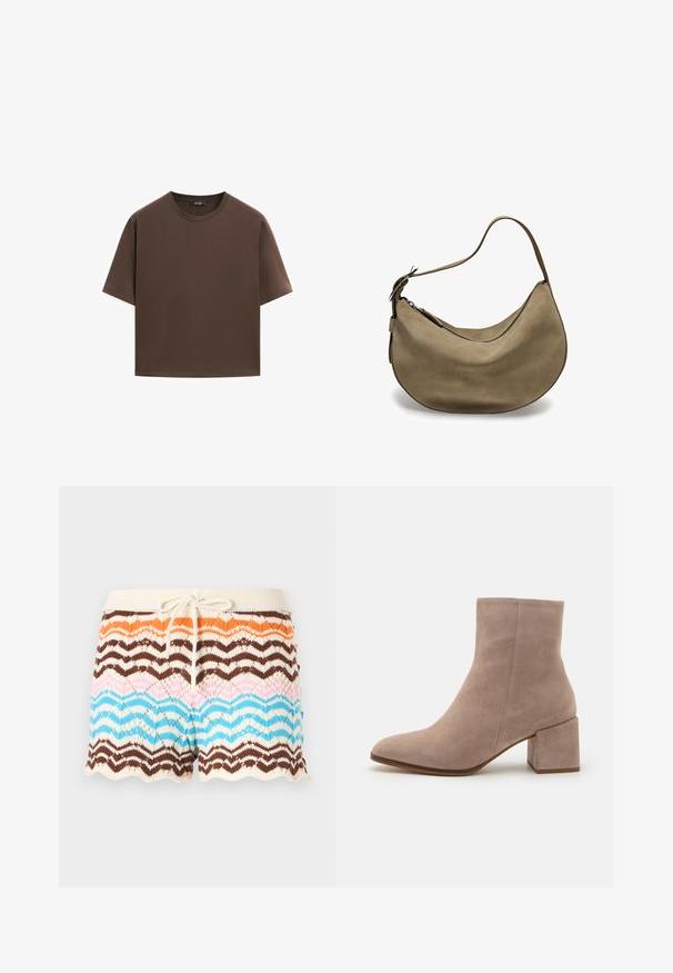 Brun bomull t-shirt, korta ärmar, rund halsringning, avslappnad passform, slät textur, minimalistisk design, inga synliga mönster eller accenter.; Stickade shorts med ett vågmönster i nyanser av orange, brunt, rosa och blått, med en krämfärgad midjeband och dragsko. Flikig fåll.; Beige mockask ankle boot med spetsig tå och en kraftig fyrkantig klack. Ytan är slät med en mjuk textur och minimal detaljering.; Brun mockaläder hobo-väska med en böjd form, en enda axelrem, dragkedjestängning och slät yta. Enkel design med minimala hårdvarudetaljer.