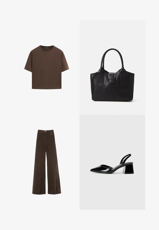 T-shirt in cotone marrone, maniche corte, collo a giro, vestibilità abbastanza ampia, texture liscia, design minimalista, senza motivi o dettagli visibili.; Pantaloni a gamba larga in corduroy marroni con vita alta, caratterizzati da un bottone dorato e un dettaglio ad anello decorativo. Tessuto morbido e texturizzato con strisce verticali.; Décolleté in vernice nera con punta affusolata e tacco in geometria cubica. Presentano un design elegante e minimalista, con una texture liscia.; Borsa tote in pelle nera con texture liscia, forma strutturata, due manici e un evidente dettaglio in fibbia argentata sul davanti.