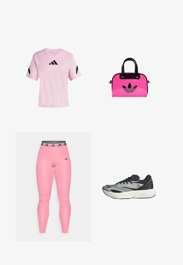 Różowa koszulka z krótkim rękawem, wykonana z miękkiego materiału, z czarnym logo Adidas z przodu i czarnymi akcentami na rękawach.; Różowe legginsy wykonane z gładkiego, elastycznego materiału. Posiadają czarną i zieloną wzorzystą tasiemkę w pasie oraz subtelną markę na udzie.; Buty do biegania z szaro-czarną siateczką, geometrycznymi nakładkami, grubą białą podeszwą oraz teksturowanymi akcentami. Logo "LIGHTSTRIKE" widoczne.; Różowa torebka patentowa z czarnym logo i uchwytami, o zaokrąglonym kształcie i zamknięciu na zamek. Lśniąca tekstura zwiększa widoczność.