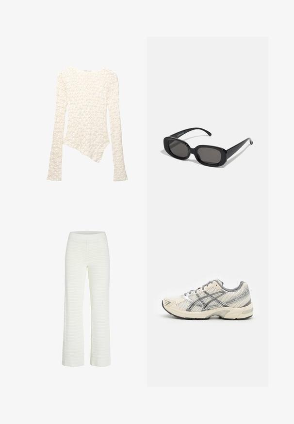 Fehér, hosszú ujjú kötött pulóver virágmintával és aszimmetrikus aljjal.; Fehér, bordás kötött nadrág széles lábszárral és elasztikus derékkal, vízszintes csíkokkal a textúra és a részletek érdekében.; Futócipők légáteresztő fehér hálós felső résszel, ezüst kiegészítőkkel, szürke fűzőkkel és tartós fekete gumitalppal. Könnyű, párnázott kialakítás.; Fekete téglalap alakú napszemüveg sötét lencsékkel. Vastag műanyag keret, sima textúrával és lekerekített élekkel. Stílusos szárak kinyúlnak oldalra.; Fekete bőr kézitáska ívelt formával, tetején zip záródással, rövid fogantyúval és levehető válltartó pánttal. Arany színű fém kiegészítők.