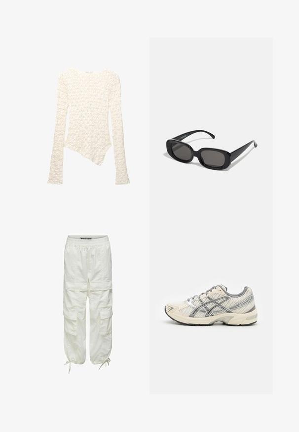 Vit långärmad stickad tröja med blommönster och asymmetrisk fåll.; Vita cargo byxor med elastiskt midjeband, flera sidfickor och dragsnören vid anklarna. Texturerat, lättviktigt tyg.; Löparskor med ett ventilerande vitt meshöverkvalitet, silverdetaljer, grå snören och en hållbar svart gummisula. Lättviktig och vadderad design.; Svarta rektangulära solglasögon med mörka linser. Tjock plastbåge, slät yta och rundade kanter. Stilsäkra skalmar sträcker sig utåt.; Svart läderhandväska med en böjd form, med en ovandel som stängs med dragkedja, ett kort handtag och en avtagbar axelrem. Guld detaljer.