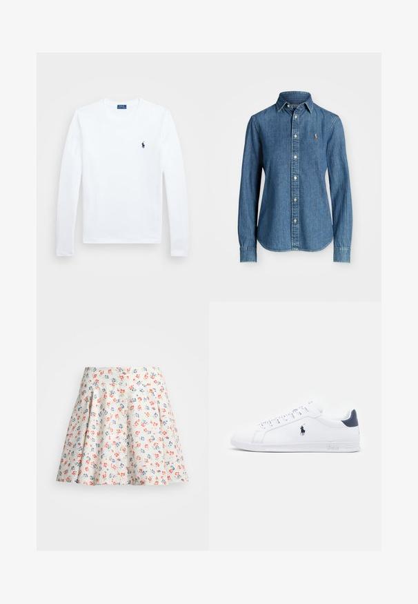 Hvit langermet skjorte, i bomullsmateriale, med rund hals, som har en liten marineblå logo på venstre bryst. Enkelt design, vanlig passform.; Denimskjorte i mellomblå, langermet, med knapp-down krage og logo på brystet. Har buet kant og vanlig passform.; Blomstrete skjørt i kremfarge, med røde og blå blomster. A-linjeform med folder i midjen og knappelukking foran.; Hvite lær sneakers med en glatt overflate, marineblå detaljer og en liten logo på siden. Har flate lisser og strukturet gummisåle.