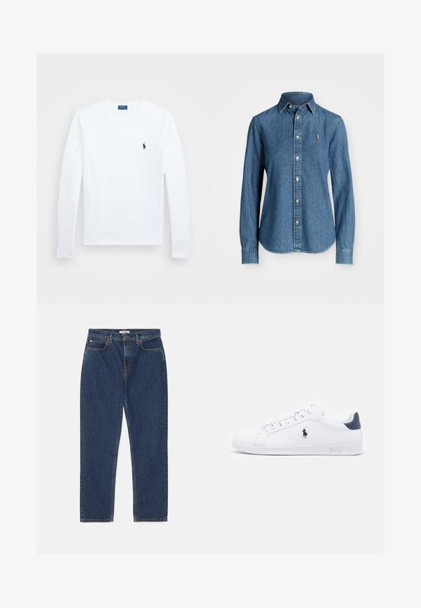 Camisa blanca de manga larga, material de algodón, con cuello redondo, que presenta un pequeño logo en navy en el lado izquierdo del pecho. Diseño simple, ajuste regular.; Camisa de denim en azul medio, de manga larga, con cuello abotonado y con un acento de logo en el pecho. Presenta un dobladillo curvo y un corte estándar.; RE/DONE LOOSE LONG - Vaqueros rectos - dark blue denim; Zapatillas de cuero blanco con un acabado suave, detalles en azul marino y un pequeño logotipo en el costado. Cuentan con cordones planos y una suela de goma texturizada.