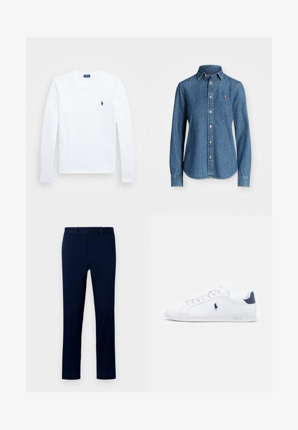 White long-sleeve shirt, cotton material, round neckline, featuring small navy logo on the left chest. Simple design, regular fit.; Denim shirt in medium blue, long sleeves, button-down collar, and logo accent on the chest. Features a curved hem and standard fit.; Navy blue cotton chinos with a straight leg, button closure, and belt loops. Features side and back pockets, smooth texture, and minimal stitching.; White leather sneakers with a smooth finish, navy accents, and a small logo on the side. Features flat laces and textured rubber sole.