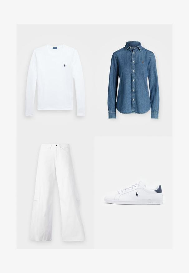 White long-sleeve shirt, cotton material, round neckline, featuring small navy logo on the left chest. Simple design, regular fit.; Denim shirt in medium blue, long sleeves, button-down collar, and logo accent on the chest. Features a curved hem and standard fit.; White wide-leg denim pants with a five-pocket design. Features a black button and zip fly closure. Smooth texture, straight silhouette.; White leather sneakers with a smooth finish, navy accents, and a small logo on the side. Features flat laces and textured rubber sole.