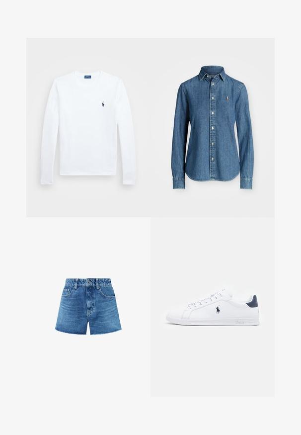 Bela dolga majica z dolgimi rokavi, bombažni material, okrogla neckline, z majhnim mornarsko modrim logotipom na levem prsnem delu. Preprost dizajn, običajen kroj.; Denim srajca v srednji modri barvi, dolgi rokavi, ovratnik z gumbi in akcent logotipa na prsih. Ima ukrivljen rob in standardno prileganje.; Denim kratke hlače v svetlo modri barvi, z visokim pasom, petimi žepi, zankami za pas in neurejenim robom. Tkanina ima rahlo zbledel videz.; Bele športne copate iz belega usnja z gladko površino, mornarsko modrimi detajli in majhnim logotipom na strani. Imajo ravne vezalke in teksturiran gumijast podplat.