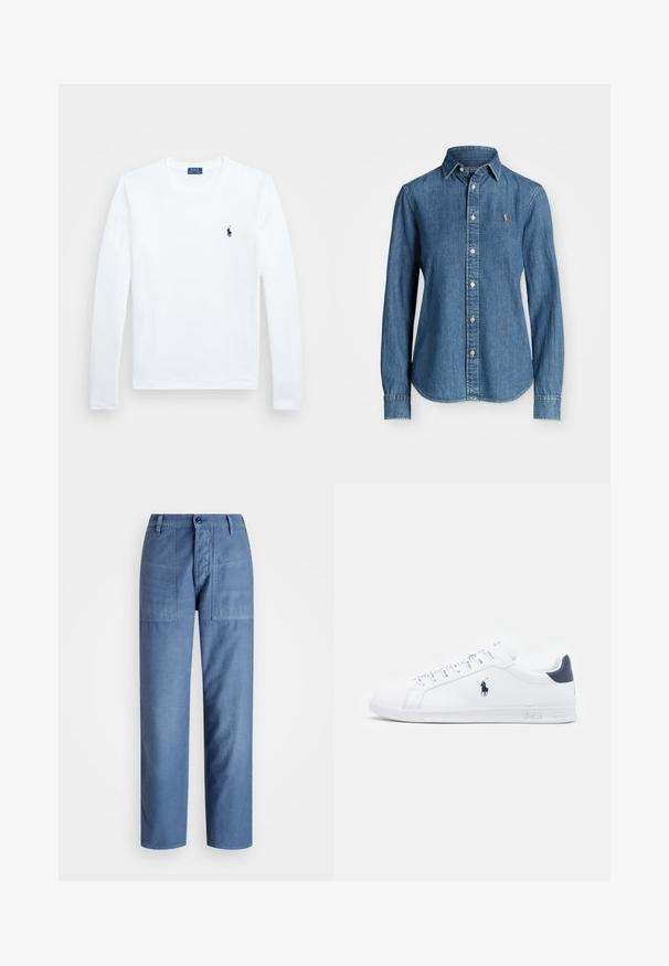 Bela dolga majica z dolgimi rokavi, bombažni material, okrogla neckline, z majhnim mornarsko modrim logotipom na levem prsnem delu. Preprost dizajn, običajen kroj.; Denim srajca v srednji modri barvi, dolgi rokavi, ovratnik z gumbi in akcent logotipa na prsih. Ima ukrivljen rob in standardno prileganje.; Svetlo modri kavbojki z ravnim krojem, z dvema sprednjima žepoma in gumbom za zapiranje na pasu. Gladka tekstura.; Bele športne copate iz belega usnja z gladko površino, mornarsko modrimi detajli in majhnim logotipom na strani. Imajo ravne vezalke in teksturiran gumijast podplat.