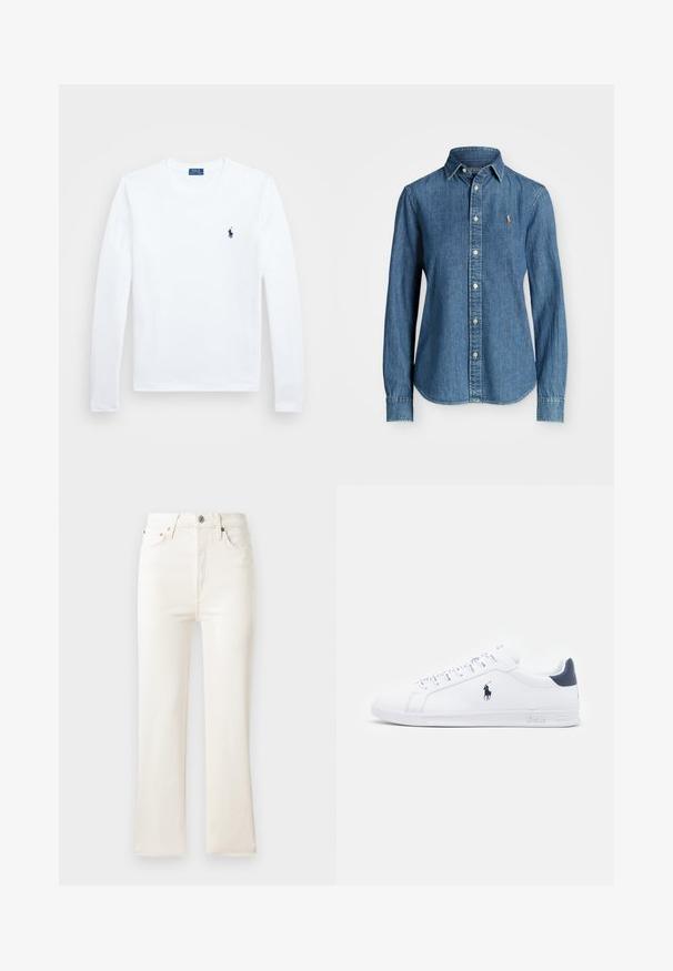 Bílá dlouhá košile s dlouhým rukávem, bavlněný materiál, kulatý výstřih, s malým námořnickým logem na levém prsu. Jednoduchý design, standardní střih.; Džínová košile ve středně modré barvě, dlouhé rukávy, límeček na knoflíky a akcent s logem na prsou. Obsahuje zakřivený lem a standardní střih.; Bílé džíny s vysokým pasem, rozšiřující se nohavice, se zipem, pěti kapsami a jemnými švy. Materiál má hladkou strukturu.; Bílé kožené tenisky s hladkým povrchem, námořnickými akcenty a malým logem na boku. Mají ploché tkaničky a texturovanou gumovou podrážku.