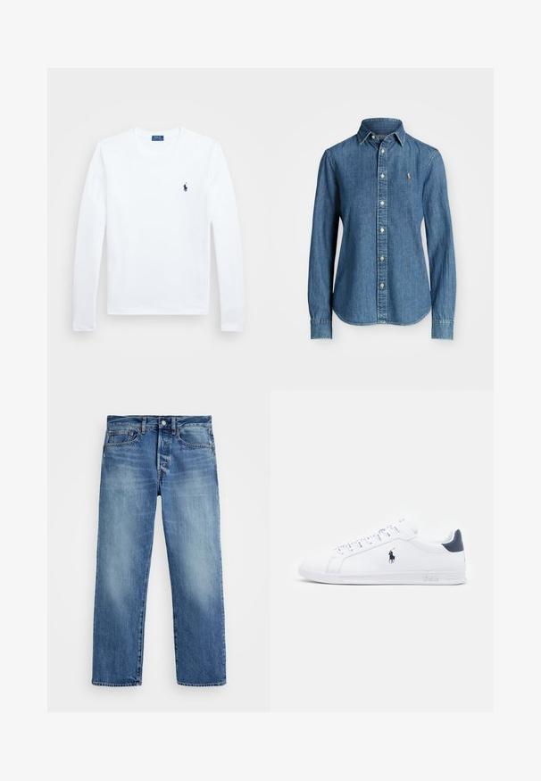 Hvit langermet skjorte, i bomullsmateriale, med rund hals, som har en liten marineblå logo på venstre bryst. Enkelt design, vanlig passform.; Denimskjorte i mellomblå, langermet, med knapp-down krage og logo på brystet. Har buet kant og vanlig passform.; Lys blå denimjeans med rett snitt, fem lommer, beltehemper og lukking med kobberknapp. Falmede områder gir tekstur.; Hvite lær sneakers med en glatt overflate, marineblå detaljer og en liten logo på siden. Har flate lisser og strukturet gummisåle.