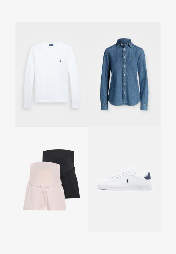 Biela košeľa s dlhým rukávom, z bavlnenej látky, s okrúhlym výstrihom, s malým námorníckym logom na ľavej hrudi. Jednoduchý dizajn, bežný strih.; Džínová košeľa v stredne modrej farbe, s dlhými rukávmi, golierom na gombíky a logom na hrudi. Má zaoblený spodný okraj a štandardný strih.; Dva páry tehotenských šortiek: jedny ružové, druhé čierne. Obe majú elastický pás a šnúrku na nastavenie veľkosti.; Biele kožené tenisky s hladkým povrchom, námorníckymi akcentmi a malým logom na boku. Obsahujú ploché šnúrky a textúrovanú gumovú podrážku.