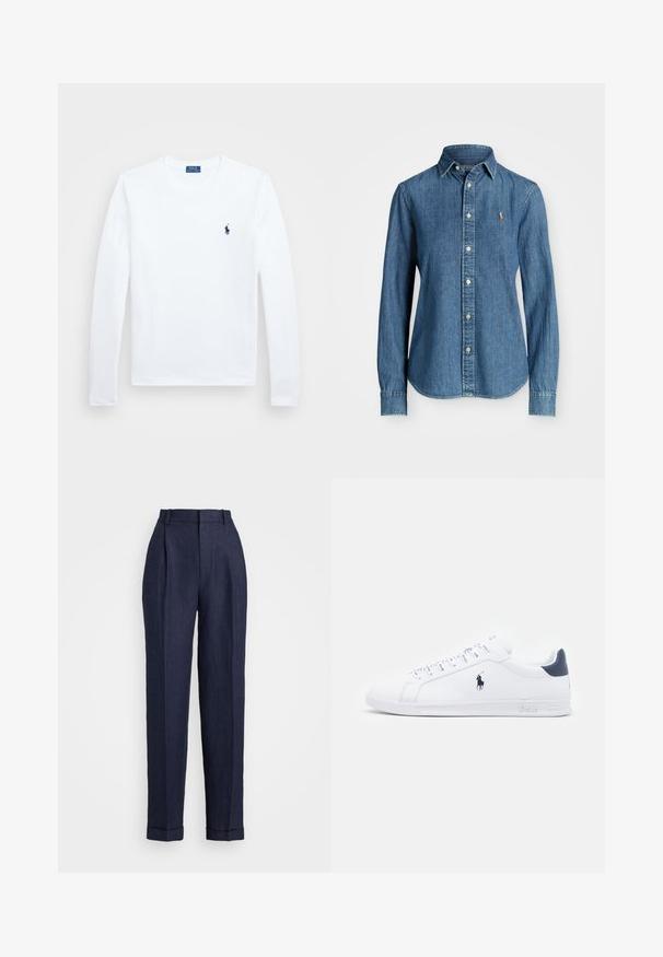 Balta garām piedurknēm krekls, kokvilnas materiāls, apaļa dekoltē, ar nelielu tumši zilu logotipu kreisajā krūtī. Vienkāršs dizains, regulāra piegriezuma.; Denim krekls vidēji zils, ar garām piedurknēm, pogu aizdari un logo akcentu uz krūtīm. Iespējo izliekts apakšmalas un standarta piegriezumu.; Polo Ralph Lauren HERRINGBONE LINEN TAPERED PANT - Auduma bikses - navy; Baltas ādas sporta apavi ar gludu virsmu, jūras zila akcenti un neliels zīmols sānos. Aprīkoti ar plakaniem aukliņām un strukturētu gumijas zoli.