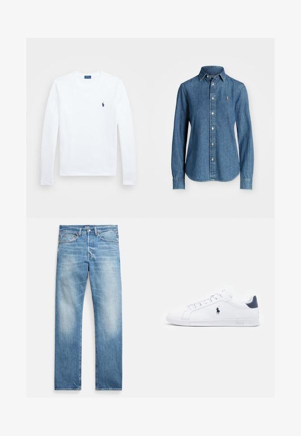Bela dolga majica z dolgimi rokavi, bombažni material, okrogla neckline, z majhnim mornarsko modrim logotipom na levem prsnem delu. Preprost dizajn, običajen kroj.; Denim srajca v srednji modri barvi, dolgi rokavi, ovratnik z gumbi in akcent logotipa na prsih. Ima ukrivljen rob in standardno prileganje.; Svetlo modre kavbojke z ravnimi nogavicami, rahlo posiveli, z petimi žepi, kovinskimi zakovicami in gumbno zadrgo, etiketa blagovne znamke Polo na pasu.; Bele športne copate iz belega usnja z gladko površino, mornarsko modrimi detajli in majhnim logotipom na strani. Imajo ravne vezalke in teksturiran gumijast podplat.