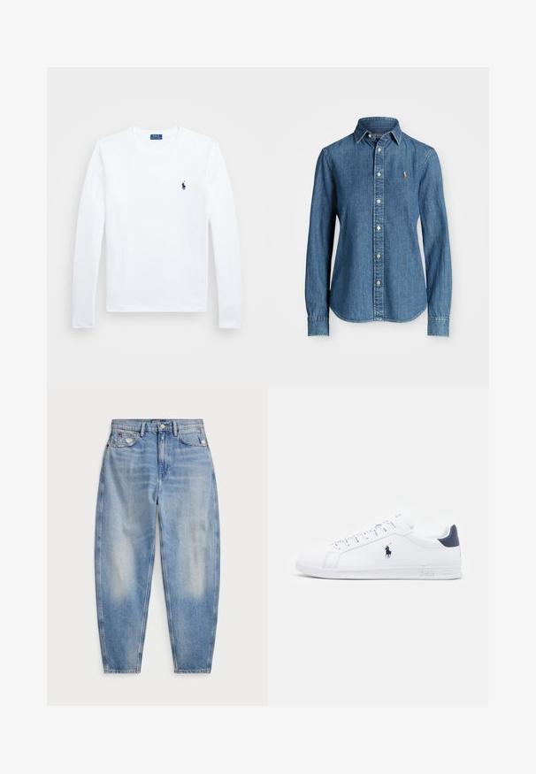 Valge pikkade varrukatega särk, puuvillane materjal, ümmargune kaelus, väikese tumepMereväe logoga vasakul rinnal. Lihtne disain, regulaarne lõige.; Keskmiselt sinine teksapaita, pikkade varrukatega, nööpidega krae ja logoga aksent rinnal. Omab kumerat äärist ja standardset lõiget.; Sinine kõrge vöökohaga teksapüksid kitseneva säärega, ees- ja tagataskud, kerged kulumisjäljed eesmistel taskutel ning nööbiga sulgemine.; Valged nahast spordijalanõud sileda pinnaga, tumesinised detailid ja väike logo külgedel. Omab lapikud paelu ja tekstureeritud kummitalda.