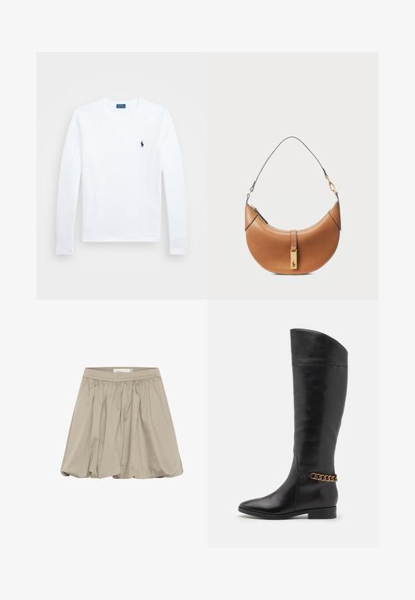 Camisa blanca de manga larga, material de algodón, con cuello redondo, que presenta un pequeño logo en navy en el lado izquierdo del pecho. Diseño simple, ajuste regular.; Falda beige con un diseño fruncido y cinturilla elástica. Hecha de una tela ligera, presenta una forma volumétrica y una textura suave.; Botas altas de cuero negro con un diseño elegante, punta afilada y un acento de cadena dorada en el tobillo. Tacón bajo tipo bloque. Textura suave.; Bolso de cuero color tan con forma curva, hardware dorado y una correa delgada para el hombro. Presenta un cierre de cremallera y un detalle del logo en la parte frontal.