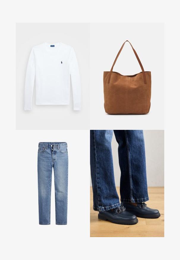Fehér hosszúujjú póló, pamut anyagból, kerek nyakkivágással, bal mellen kis sötétkék logóval. Egyszerű dizájn, normál szabású.; Világoskék farmernadrág egyenes szabással, öt zsebes dizájnnal és gombos nyereggel. Finom kopásokkal és narancssárga varrási részletekkel rendelkezik.; Sötétkék bőr cipők vastag talppal és lánc részlettel a felsőrészen, laza szabású sötétkék farmernadrággal párosítva.; Barna velúr táska két hosszú fogantyúval, sima textúrával, egyszerű dizájnnal, és látható fém részek vagy díszítés nélkül.