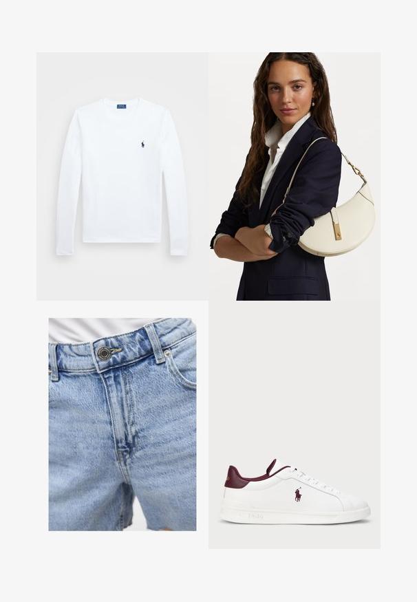 Balta garām piedurknēm krekls, kokvilnas materiāls, apaļa dekoltē, ar nelielu tumši zilu logotipu kreisajā krūtī. Vienkāršs dizains, regulāra piegriezuma.; Gaiši zili džinsu šorti ar augstu jostasvietu, redzamām šuvēm, divām priekšējām kabatām un metāla pogas aizdari. Gluda tekstūra.; Baltas ādas sporta apavi ar bordo akcentiem, apaļa purngala forma, iegravēts logs un plakani šņores. Strukturēta zole un gluda virsmas apdare.; Balta ādas rokassoma ar izliekumu formu, zelta furnitūru un teksturētu apdari, valkāta pāri tumšam žaketam un baltai krekla.