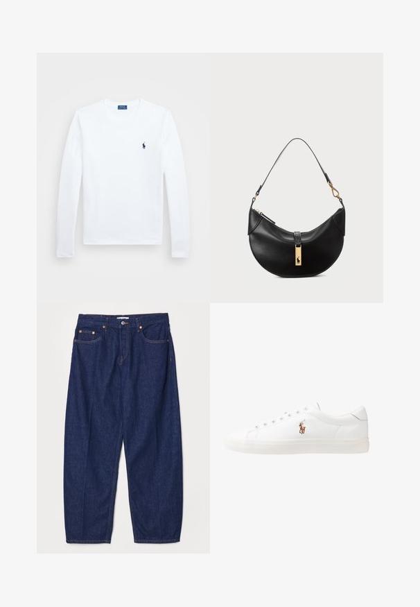 Hvid langærmet skjorte, lavet af bomuld, med rund halsudskæring, prydet med et lille marineblåt logo på venstre bryst. Enkel design, almindelig pasform.; RE/DONE WIDE TAPER - Jeans Relaxed Fit - deadstock like; Hvide lædersneakers, lavtop design, med en glat tekstur, rund tå, snørret front og et lille broderet logo på siden.; Sort læderhåndtaske i halvmåneform. Har en gylden hardwaredetalje og en smal rem. Glat tekstur, lynlås lukning øverst.