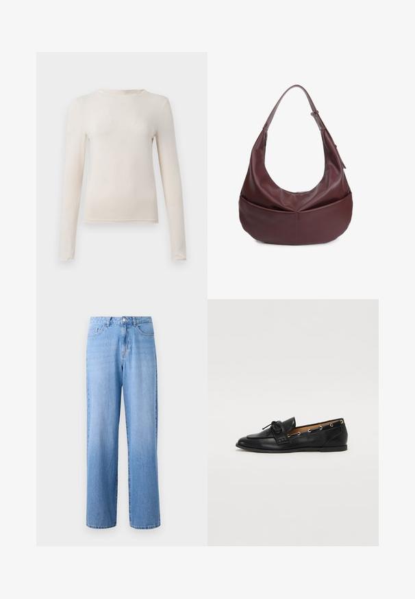 Šviesiai smėlinis ilgomis rankovėmis apvaliu kaklu marškinėliai su prigludusia siluetu, padėti plokščiai ant šviesaus fono.; Šviesiai mėlynos džinsinės plačios kojos kelnės su aukštu liemeniu, penkiais kišenėmis ir klasikiniu mygtuko uždarymu. Audinys turi šiek tiek išblukusį tekstūrą.; Juodi odiniai loafai su surišta mazgeliu, su auksinėmis akytėmis šoninėse dalyse ir plokščiu guminiu padu. Lygus paviršius, klasikinis dizainas.; Bordo odinė hobo rankinė su išlenktu siluetu, plačiu dirželiu ir užtrauktuko uždarymu. Papildoma savybė - priekinis kišenė su lygiu tekstūros paviršiumi.