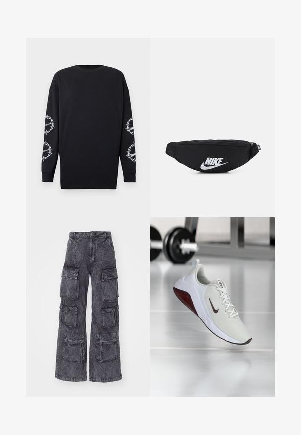 Black long-sleeve shirt with round neckline, featuring white barbed wire and thorns graphics on both sleeves.; Alpha Industries MULTIPOCKET PANT - Cargo trousers - black; White athletic shoe with a textured mesh upper and maroon accents. Features a contrasting white sole and a pronounced Nike swoosh logo.; Black nylon fanny pack with a zippered closure, featuring a large white Nike logo. Smooth texture and ergonomic design for comfortable wear.