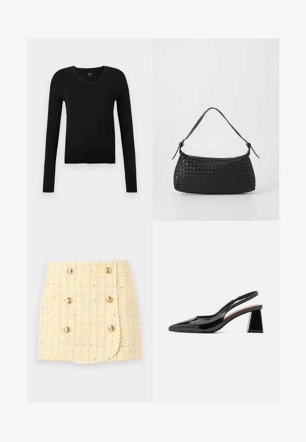 Fekete, hosszú ujjú, V-nyakú felső, puha pamutból készült, karcsú siluettel és minimalista dizájnnal, kiegészítő minták vagy díszítések nélkül.; Sárga tweed szoknya, textúrált felülettel, dupla gombolású dizájnnal, arany gombokkal és fodros szegéllyel. Színes pettyek díszítik.; Fekete lakk slingback magassarkú cipők hegyes orral, egyedi geometriai blokksarkukkal és sima felülettel. Állítható pánt a támogatás érdekében.; Fekete szőtt válltáska sima bőrszíjjal és cipzáros záródással. Texturált felülete és ívelt formája van.