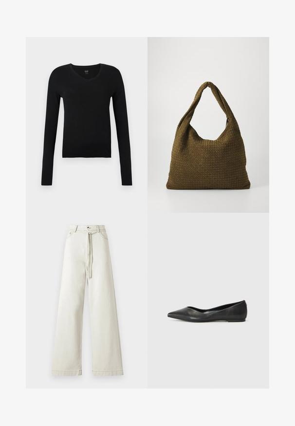 Fekete, hosszú ujjú, V-nyakú felső, puha pamutból készült, karcsú siluettel és minimalista dizájnnal, kiegészítő minták vagy díszítések nélkül.; Világos bézs színű, bő szárú farmernadrág, magas derékkal, gombos záródással és anyag övvel. Simább textúra, enyhe fényes hatással.; Fekete bőr balettcipő hegyes orral, alacsony sarkú és sima textúrájú. Minimális dizájn, diszkrét oldalsó akcentussal.; Szövet táska olívazöld színben, tágas, kerek formával és egy hosszú fogantyúval a könnyű hordozás érdekében. Texturált felület.