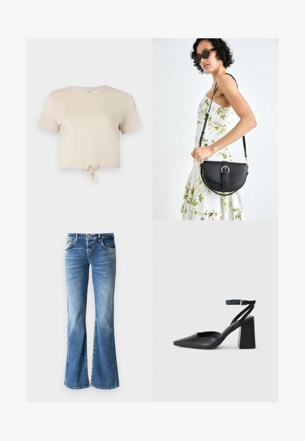 Kratka bež majica iz sijočega materiala s kratkimi rokavi in voščeno podrobnostjo na robu. Gladka tekstura in okrogla izrez.; Svijetloplave traperice širokog kroja s izblijedjelim pranjem, pet džepova, šavnim detaljima i zatvaračem na patentni zatvarač s kopčom na gumbe.; Črne usnjene klasične čevlje z ostrim nosom, z zaponko za gleženj in debelim peto. Ravna tekstura, eleganten dizajn in minimalistična estetika.; Črna usnjena torbica s ukrivljeno obliko, z odstranljivo naramnico in zlatimi dodatki. Torbica ima pokrov s podrobnostmi v obliki zaponke.