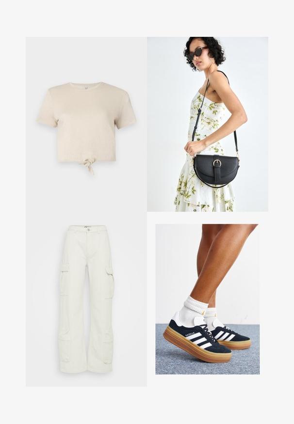 Kratký béžový tričko vyrobené z lesklého materiálu, s krátkymi rukávmi a uzlovým detailom na leme. Hladká textúra a okrúhly výstrih.; Cargo nohavice z bavlny v odtieni off-white, s širokými nohavicami, bočnými vreckami a gombíkovým zapínaním v páse. Hladká textúra s funkčným dizajnom.; Čierne semišové tenisky s bielymi pruhmi a detailmi, so zaoblenou špičkou, podrážkou z gumovej gumy, doplnené bielymi rebrovanými ponožkami.; Čierna kožená kabelka s zaobleným tvarom, odnímateľným popruhom a zlatými doplnkami. Kabelka má klopu s detailom s prackou.