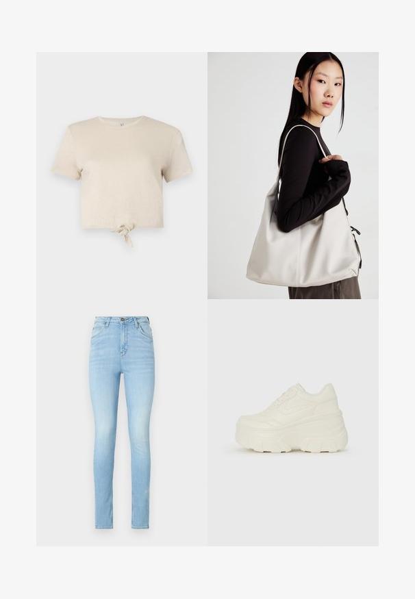 Kuttet beige t-skjorte laget av glitrende stoff med korte ermer og en knyttedetalj i nederkant. Glatt tekstur og rund halsutringning.; Lys blå skinny jeans, høy midje, laget av denim med en glatt tekstur. Har falming og tradisjonell fem-lommers design.; Hvite plattformsnickers med en glatt læraktig overdel, avrundet form, polstret krage og teksturert gummisåle med tydelige dekk.; Beige håndveske laget av mykt materiale, med en slapp design, sydd detaljer og to skulderstropper. Passer for daglig bruk.