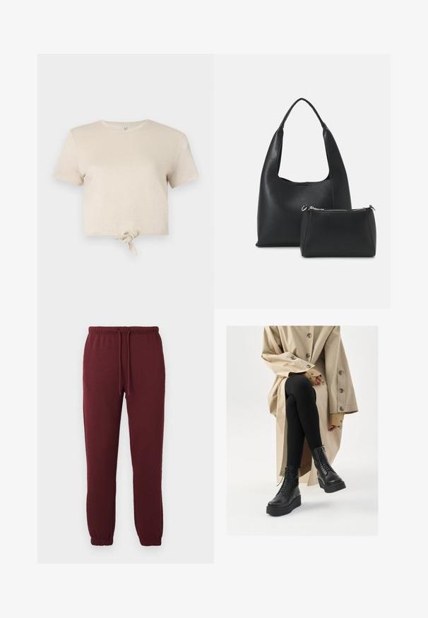 Camiseta cropped bege feita de tecido brilhante, com mangas curtas e um detalhe nó na barra. Textura suave e decote redondo.; Calças de jogging bordeaux com cintura elástica, cordão, bolsos laterais e punhos elásticos contra um fundo branco liso.; Botas de tornozelo de couro preto com detalhe de atacadores, sola de plataforma elevada e leggings pretas texturizadas, usadas com um trench coat bege claro.; Even&Odd Mala de mão - black