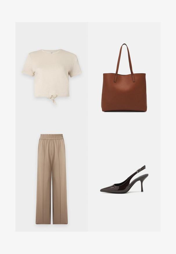Beige cropped t-shirt van glanzende stof met korte mouwen en een geknoopte detail aan de onderrand. Gladde textuur en ronde halslijn.; Beige wijde broek met een elastische tailleband, gemaakt van zachte stof, met voorplooien voor extra textuur en een gladde afwerking.; Slingback hoge hak schoen in glanzend donkerbruin patentleer, puntige neus, open zijkanten en verstelbare enkelband.; Bruine leren tote bag met een gladde textuur, een ontwerp met een open bovenkant en twee schouderbanden. Kenmerkt zich door minimale stiksels en geen zichtbare hardware.