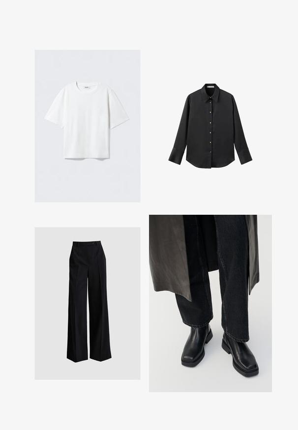 Weißes T-Shirt mit kurzen Ärmeln aus weichem Baumwollstoff, mit einem runden Ausschnitt und lässigem Schnitt mit geradem Saum, schlicht ohne Muster oder Grafiken.; Schwarz langärmliges Hemd aus glattem Stoff, mit klassischem Kragen, frontaler Knopfleiste mit goldfarbenen Knöpfen und breiten Manschetten.; ANDIATA GISELLA - Stoffhose - black; Schwarze Lederstiefeletten mit quadrater Spitze und klobiger Sohle, kombiniert mit dunkelblauen Jeans, die an den Knöcheln umgeschlagen sind. Glatte Textur und elegantes Design.
