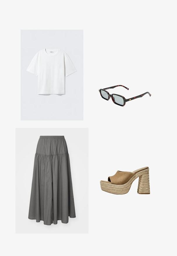 T-shirt bianco a maniche corte in morbido cotone, con scollatura rotonda e vestibilità rilassata con orlo dritto, semplice e senza fantasie o grafiche.; Weekday SKIRT - Gonna lunga - dark mole; Mule in suede marrone con platform e punta aperta, dotati di un tacco in juta intrecciata chunky e un design superiore liscio e arrotondato.; Occhiali da sole con montatura rettangolare nera e rossa a motivo, lenti grigie e dettaglio dorato sulla tempia. Il design è elegante e moderno.; Borsa in suede beige con manico in tessuto arricciato, due tasche frontali con chiusura a cordoncino e sottili accenti di texture.