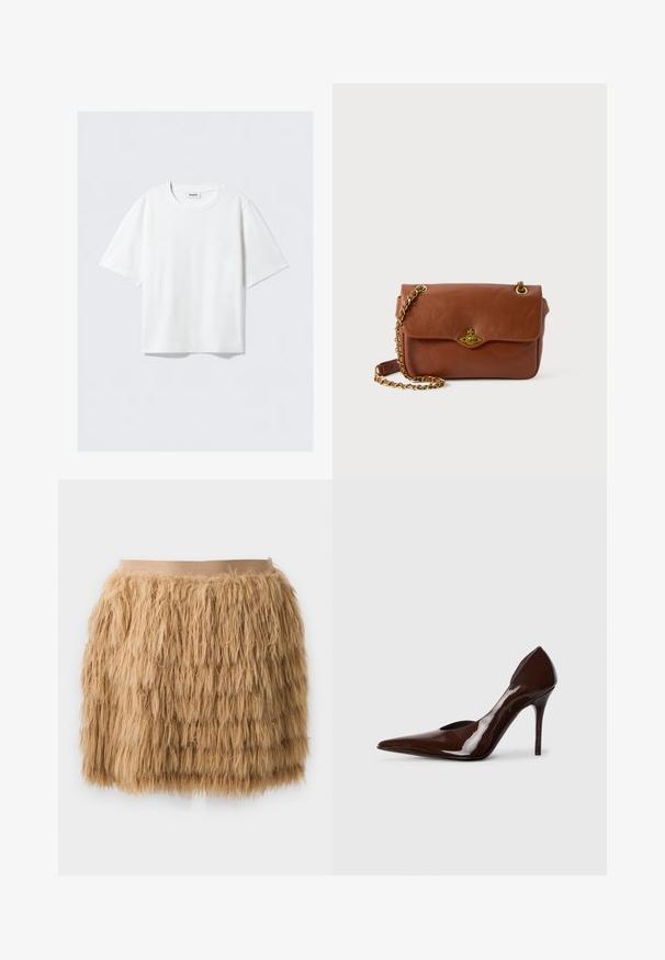 T-shirt bianco a maniche corte in morbido cotone, con scollatura rotonda e vestibilità rilassata con orlo dritto, semplice e senza fantasie o grafiche.; Gonna in finta pelliccia color sabbia con una texture morbida. Presenta una vita ampia e liscia e un design a strati per maggiore volume.; Décolleté in vernice marrone con tacco alto, punta affusolata e lati intagliati, caratterizzata da un tacco sottile e una finitura liscia.; Borsa a tracolla in pelle marrone con chiusura a patta, hardware dorato e tracolla a catena. Texture liscia, forma rettangolare, dettagli minimi.