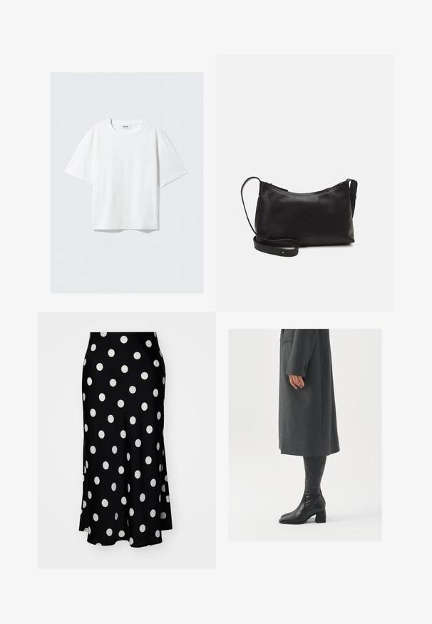 White short-sleeve t-shirt in soft cotton fabric, featuring a round neckline and relaxed fit with straight hem, plain without patterns or graphics.; YAS YASPELLA MIDI - A-line skirt - black/white; Gray, tailored overcoat with a straight cut; paired with knee-high black leather boots featuring a square toe and chunky heel.; Black leather shoulder bag with a smooth texture, curved shape, adjustable strap, and a zip closure. Minimalist design without embellishments.