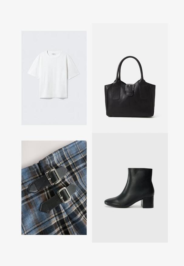 T-shirt blanc à manches courtes en coton doux, avec un col rond et une coupe décontractée à ourlet droit, uni sans motifs ni graphiques.; Tissu à carreaux bleu et marron avec une texture douce, présentant deux lanières en cuir noir avec des boucles argentées pour la fixation. Fermetures éclair visibles.; Bottines en cuir noir avec un bout pointu et un talon épais. Texture lisse avec des accents minimalistes et un design élégant et ajusté.; Sac fourre-tout en cuir noir avec une texture lisse, une forme structurée, deux poignées et un détail en boucle argentée proéminent à l'avant.