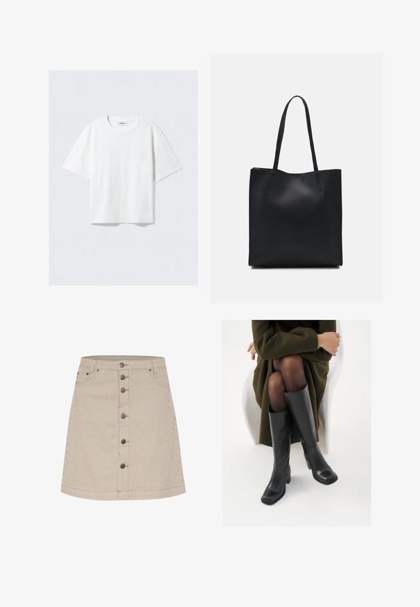 Bijela majica kratkih rukava od mekanog pamuka, s okruglim izrezom i opuštenim krojem sa ravnim rubom, jednostavna bez uzoraka ili grafika.; Bežani prugasti traper suknja s lepršavim oblikom, koja ima prednje dugme, dva bočna džepa i suptilne detalje šivanja.; Čizme od crne kože do koljena sa četvrtastim vrhom i blok petom, prikazane s manekenkom koja sjedi u maslinasto zelenom kaputu. Glatka tekstura, minimalni detalji.; Crna kožna torba za nošenje s glatkom teksturom, pravokutnim oblikom i dvije duge ručke. Nema vidljivih metalnih dijelova ili ukrasa.