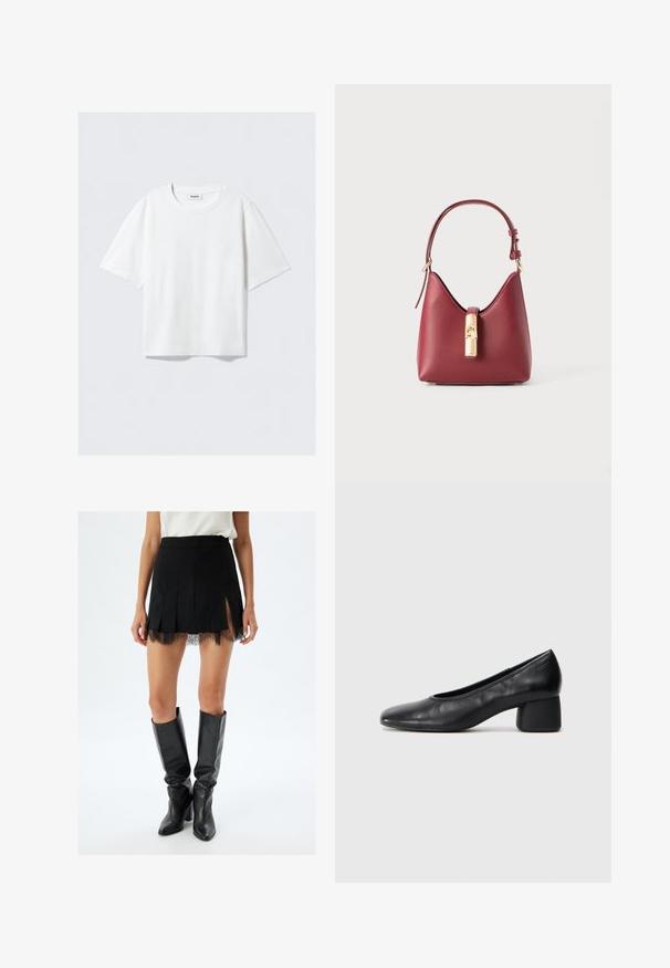 Camiseta blanca de manga corta en suave tejido de algodón, con cuello redondo y corte relajado con dobladillo recto, lisa sin patrones ni gráficos.; Minifalda negra con pliegues y borde de encaje en el dobladillo, con aberturas laterales. Combinada con botas de cuero negras hasta la rodilla.; Zapato de tacón negro en piel con punta redonda y tacón bloque medio. Textura suave con un detalle minimalista, que incluye una sutil abertura elástica.; Bolso de mano de cuero rojo con una forma curvada distintiva, correa ajustable y detalle de cierre en tono dorado en la parte delantera. Textura suave, diseño minimalista.; Pendiente de metal en tono dorado con un diseño elegante y curvado. Presenta una forma puntiaguda distintiva, superficie pulida y cierre de bisagra.
