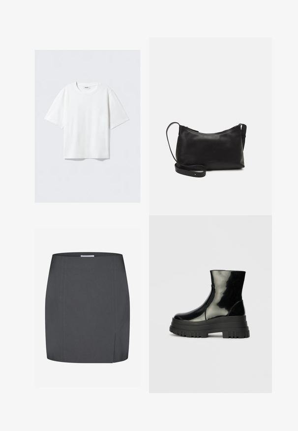White short-sleeve t-shirt in soft cotton fabric, featuring a round neckline and relaxed fit with straight hem, plain without patterns or graphics.; Envii SPLIT - Pencil skirt - grey; Black glossy ankle boot with thick lug sole and rounded toe, side view on plain light gray background.; Black leather shoulder bag with a smooth texture, curved shape, adjustable strap, and a zip closure. Minimalist design without embellishments.